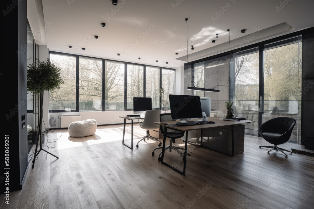 Modern, high-tech office space featuring sleek, minimalist furniture created with AI Modern, high-tech office space featuring sleek, minimalist furniture created with AI