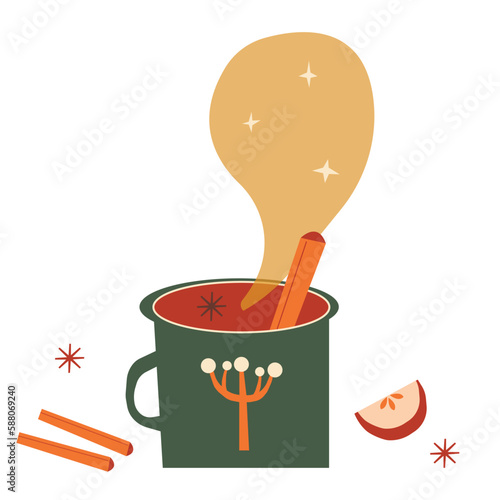 vector illustration of a mug with a hot drink, with anise and cinnamon. Cup of warming drinks. Set of vector flat illustrations.