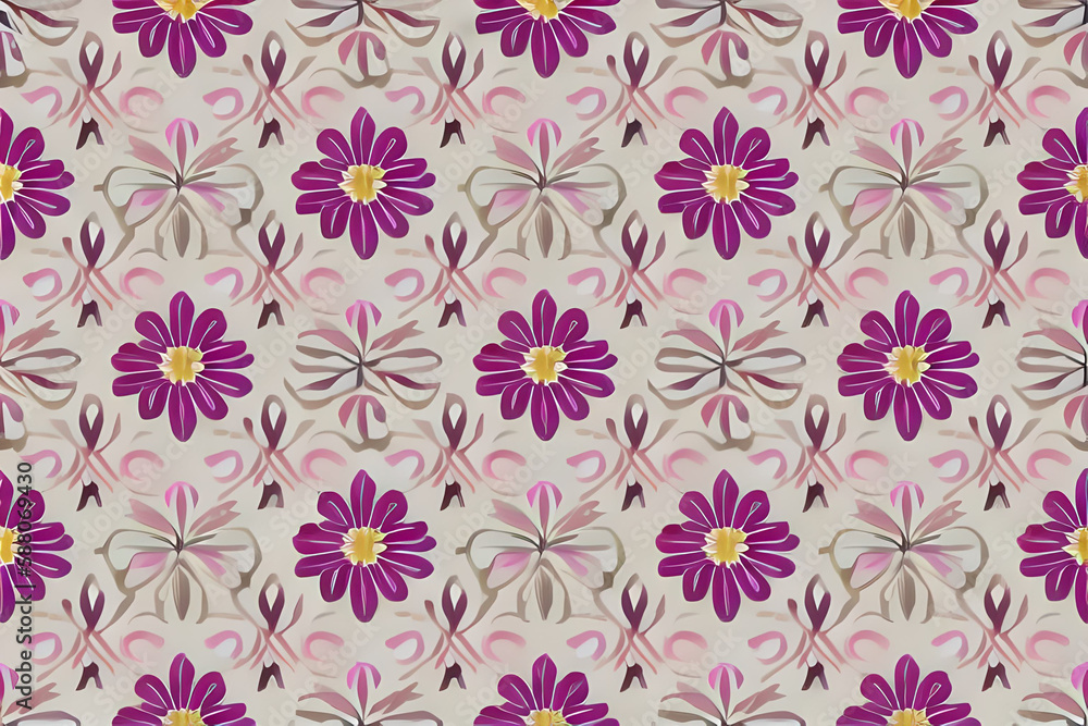 Abstract purple flower and leaves seamless pattern background. Flower and leaf clip illustration texture. Generative AI.