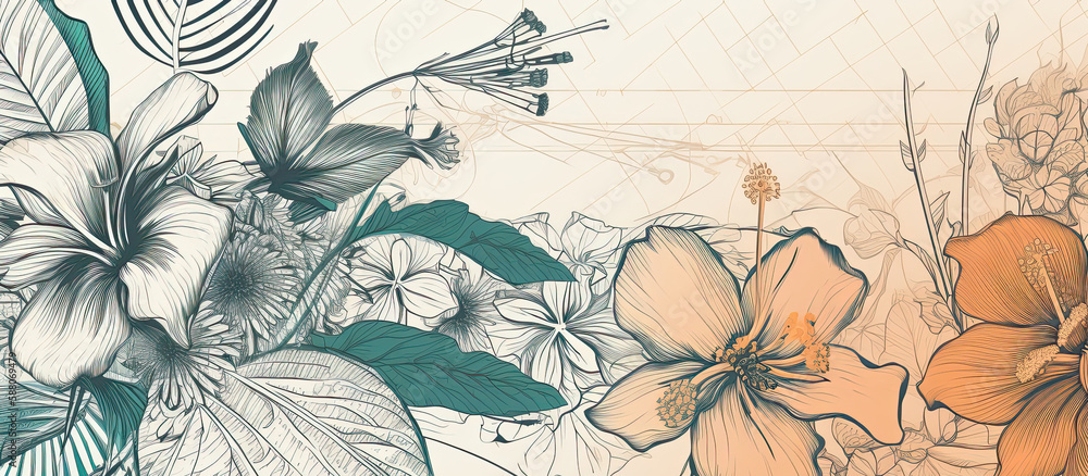 technical drawing of Tropical floral background Generative AI art technical drawing of Tropical floral background Generative AI art
