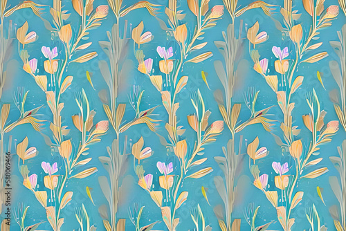 Abstract blue flower and leaves seamless pattern background. Flower and leaf clip illustration texture. Generative AI.