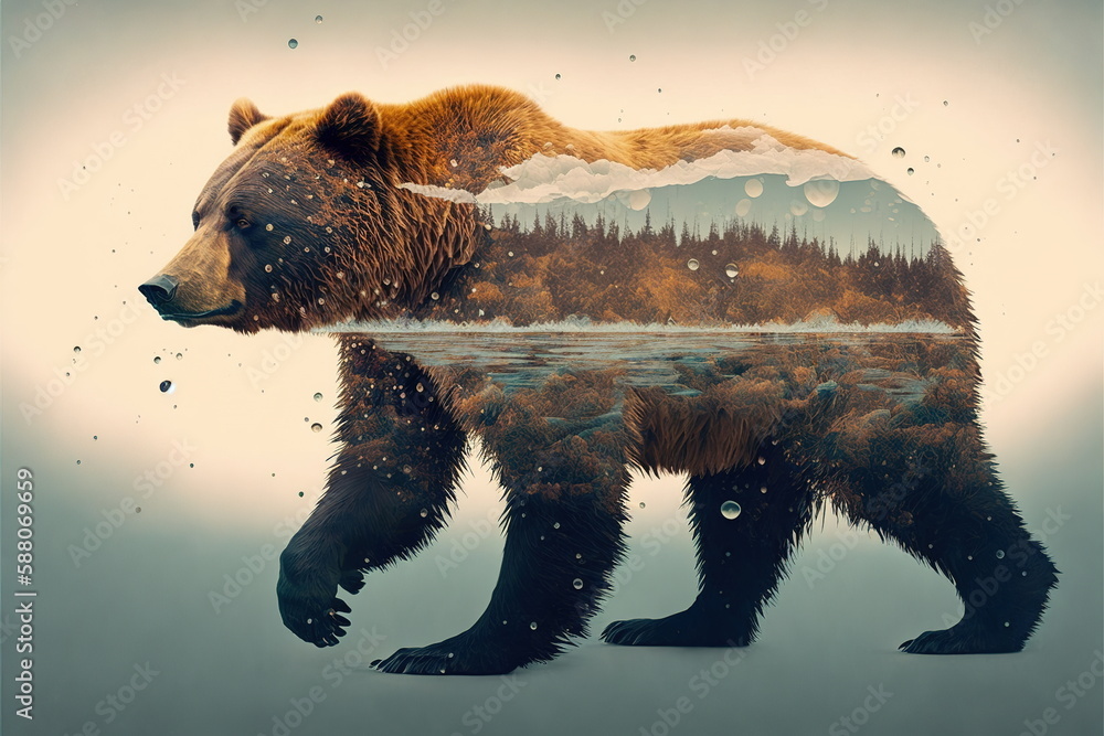 Wondrous brown grizzly bear in outdoor double exposure with natural taiga forest mountain background design as concept of adventure and exploring nature with peaceful environment. Generative AI - obrazy, fototapety, plakaty 
