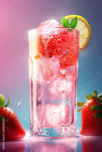 Fresh strawberry limonate with ice and mint. Summer soda. Generative AI