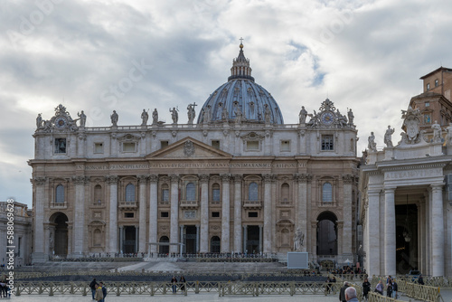 St. Peter's Square and basilica "St. Peter's" on a cloudy day. Italy's capital Rome and vatican state