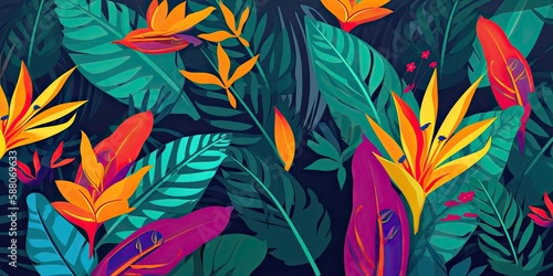 Colorful Tropical floral background Generative AI art