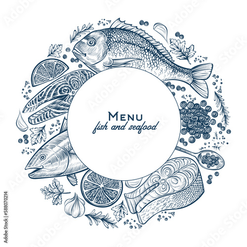 Vector round frame with seafood sketches. Fish, salmon steak, caviar, and spices, the template in vintage style.