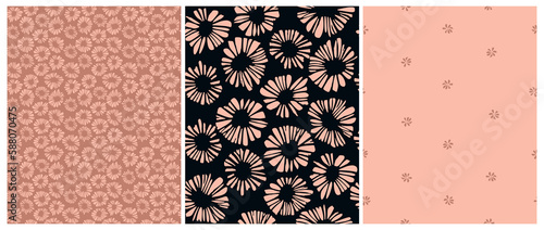 Abstract Hand Drawn Floral Seamless Vector Pattern. Irregular Daisy Flowers on a Black and Coral Background. Modern Abstract Garden Print. Floral Repeatable Print ideal for Fabric, Wrapping Paper.