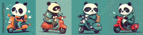 Flat color vector of happy panda riding scooter set collection