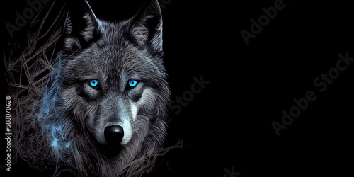 Mystical wolf with glowing eyes  in space style  on a black background with free space for any inscription or text. Generative AI
