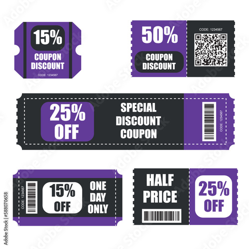 Set of discount coupons in purple, white and black tones. Advertising material for promotions and discounts for Retail and Trade. Artwork with beautiful color contrast.