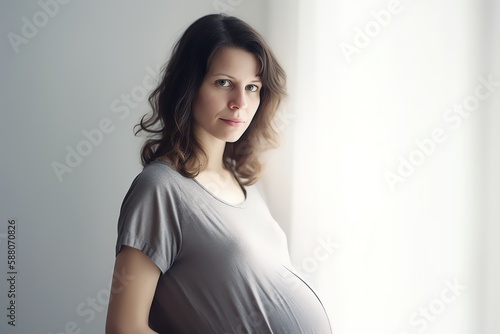 Beautiful pregnant woman touching her belly waiting for baby. Generative AI