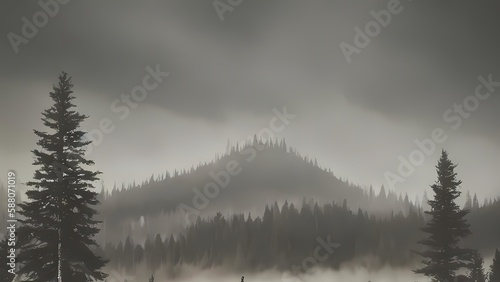  Misty Landscape with Fir Forest in Hipster Vintage Retro Style