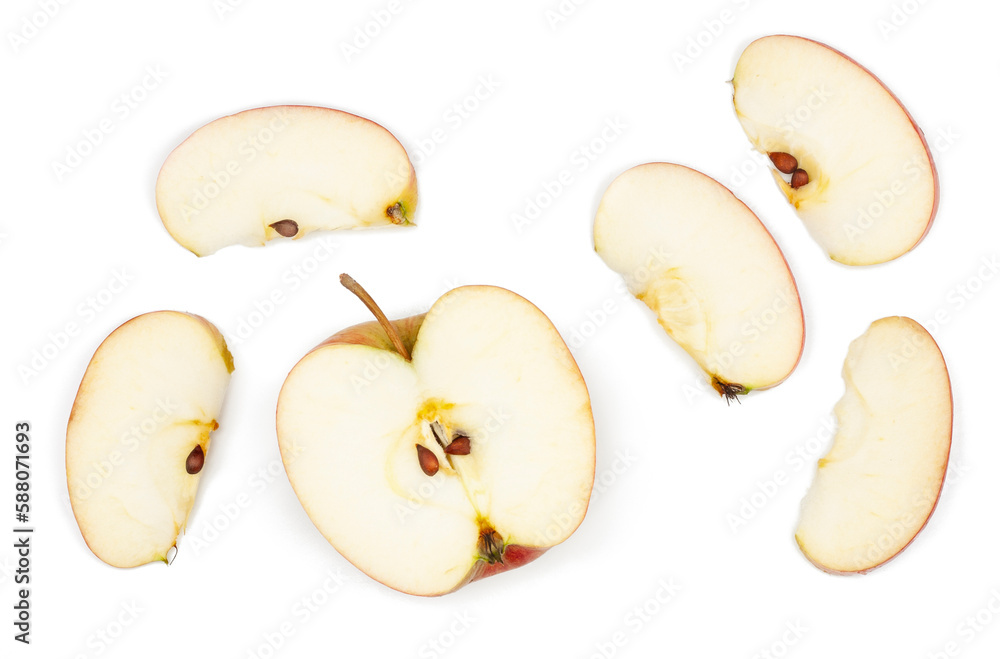Apple slices isolated on a white background, top view Apple slices isolated on a white background, top view