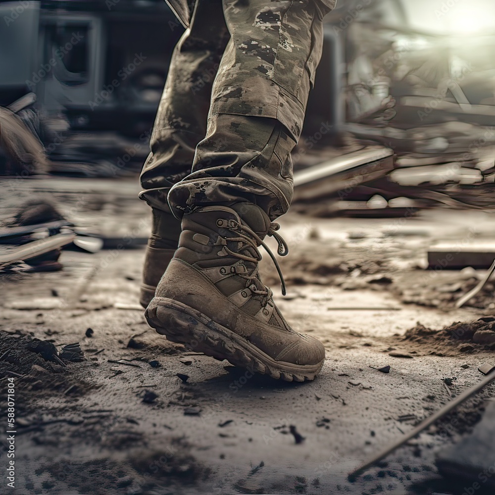 close up Illustration of a military man walking on an empty destroyed environment. Destruction, war scene. Smoke and fog. Sad combat feeling. Generative Ai. close up Illustration of a military man walking on an empty destroyed environment. Destruction, war scene. Smoke and fog. Sad combat feeling. Generative Ai.