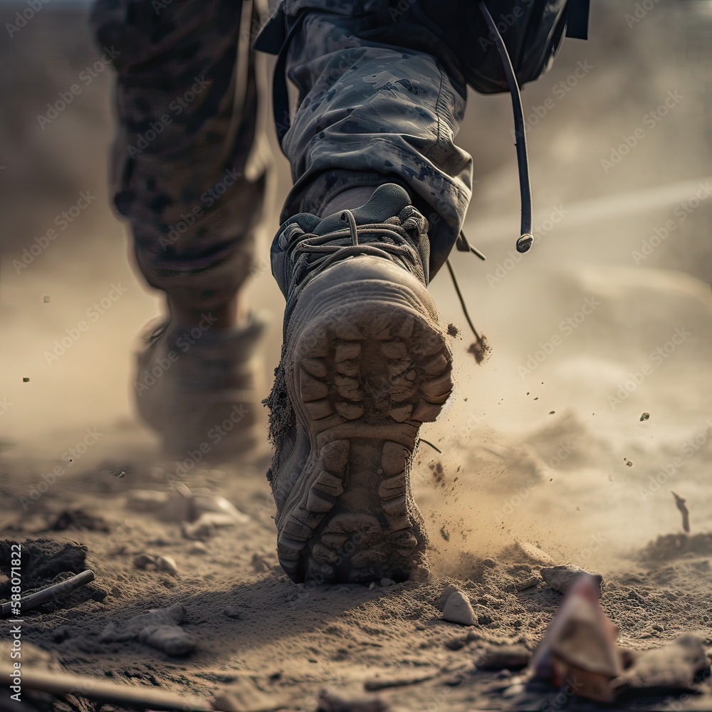 close up Illustration of a military man walking on an empty destroyed environment. Destruction, war scene. Smoke and fog. Sad combat feeling. Generative Ai.
