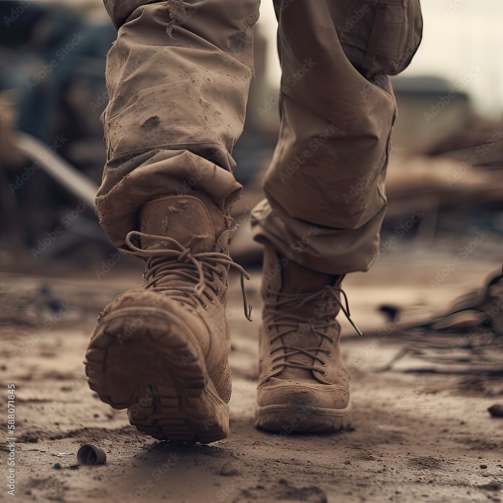 close up Illustration of a military man walking on an empty destroyed environment. Destruction, war scene. Smoke and fog. Sad combat feeling. Generative Ai. close up Illustration of a military man walking on an empty destroyed environment. Destruction, war scene. Smoke and fog. Sad combat feeling. Generative Ai.