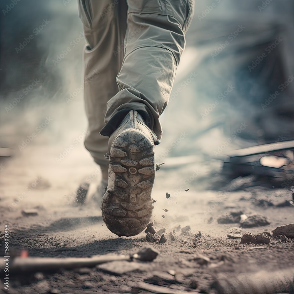 close up Illustration of a military man walking on an empty destroyed environment. Destruction, war scene. Smoke and fog. Sad combat feeling. Generative Ai. close up Illustration of a military man walking on an empty destroyed environment. Destruction, war scene. Smoke and fog. Sad combat feeling. Generative Ai.