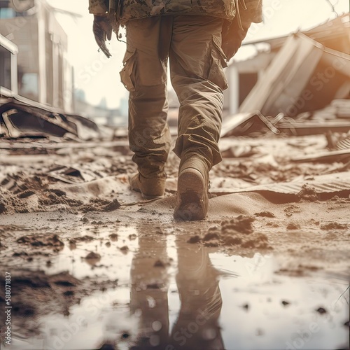 close up Illustration of a military man walking on an empty destroyed environment. Destruction, war scene. Smoke and fog. Sad combat feeling. Generative Ai.