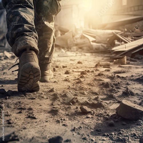 close up Illustration of a military man walking on an empty destroyed environment. Destruction, war scene. Smoke and fog. Sad combat feeling. Generative Ai.