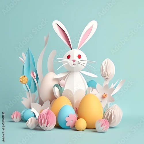 Cute Easter Bunny Paper art, Generative AI, 