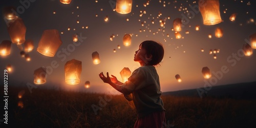 Viele chinesische Laternen am Himmel fliegen brennend im Lichtermeer, ai generativ photo