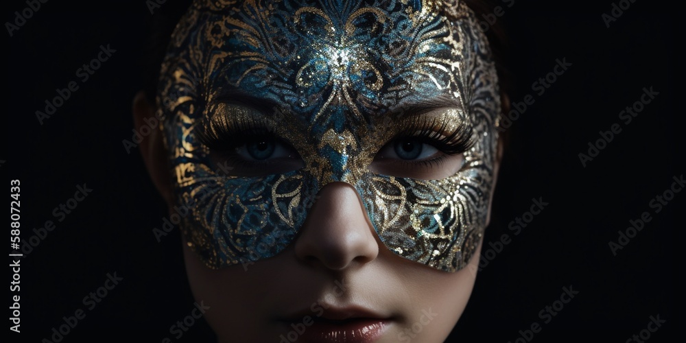 Schönes Frauen Gesicht mit extravaganter dekorativer Gesichtsmaske maßangefertigt Nahaufnahme, ai generativ