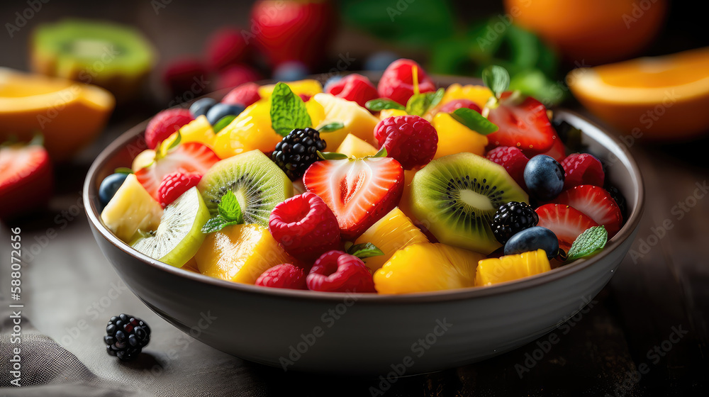 A colorful, refreshing fruit salad with a variety of sliced fruits and berries