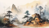 Watercolor illustration, misty landscape with rocks fog and pine trees. Generative Ai