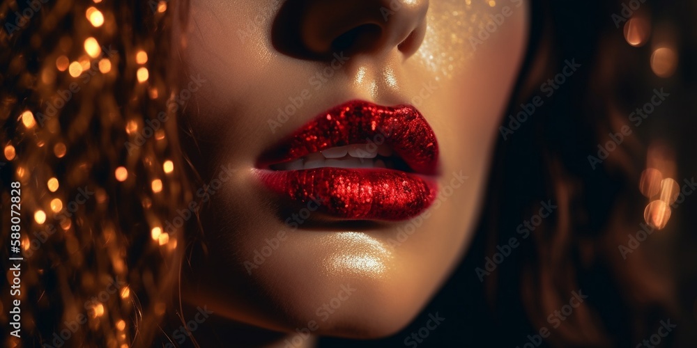 Sinnliche sexy rote gloss Lippen einer Frau mit tollem Glitzer Make-Up anonym, Nahaufnahme, ai generativ Sinnliche sexy rote gloss Lippen einer Frau mit tollem Glitzer Make-Up anonym, Nahaufnahme, ai generativ