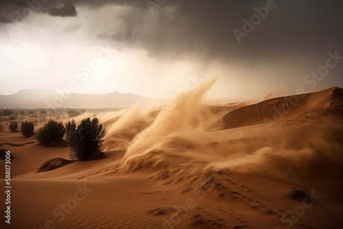 Illustration of a fierce sandstorm with flying debris, darkened skies, and an ominous atmosphere. Ai generated.