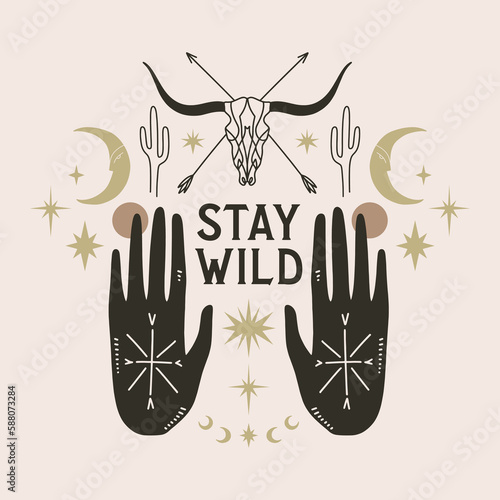 Western set logo magical ornate witch spell hands set template. Linear astrology tattoo aztec style, boho design