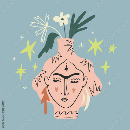 Tableau sur toile Trendy vase bouquet face naive funky handdrawn art modern abstract