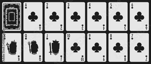 White clubs playing card suits set. hearts, spades, diamonds, aces cards sign. A winning poker hand. Poker, gambling concept. Template for casino, web design, mobile games. Vector illustration