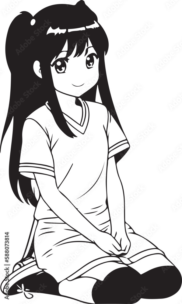 Cute young anime girl in manga comic style.Black and white vector print