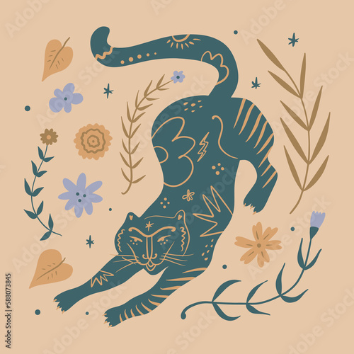 Tropical tiger cat with flowers naive funky handdrawn art modern abstract