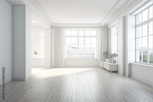 Illustration of an empty room with white walls and wooden floors. Generative AI