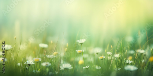 Chamomile flowers field wide background in sun light. Summer Daisies. Spring or summer nature scene with blooming white daisies in sun glare, generative ai