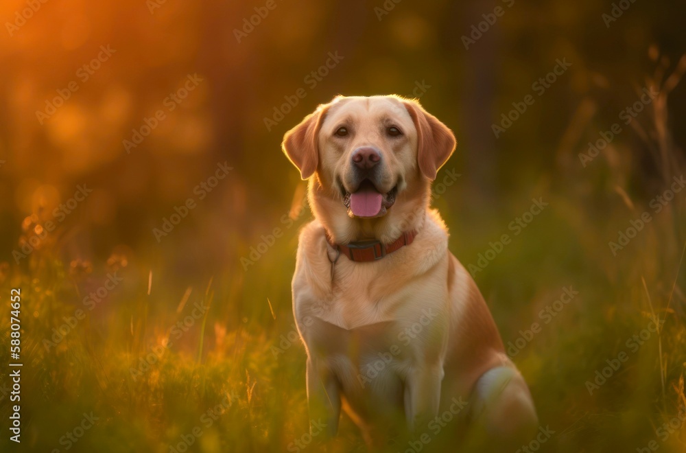 Portrait of a golden labrador retriever in the grass outdoor under sunlight. Generative AI.