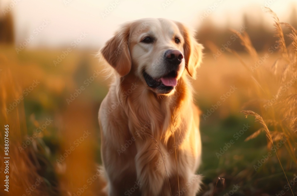 Happy golden retriever in the light of the sun outdoor. Generative AI.