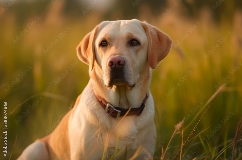 Portrait of a golden labrador retriever in the grass outdoor under sunlight. Generative AI. Portrait of a golden labrador retriever in the grass outdoor under sunlight. Generative AI.