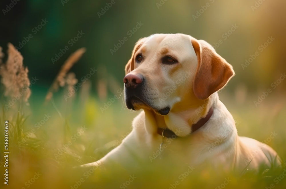 Portrait of a golden labrador retriever in the grass outdoor. Generative AI.