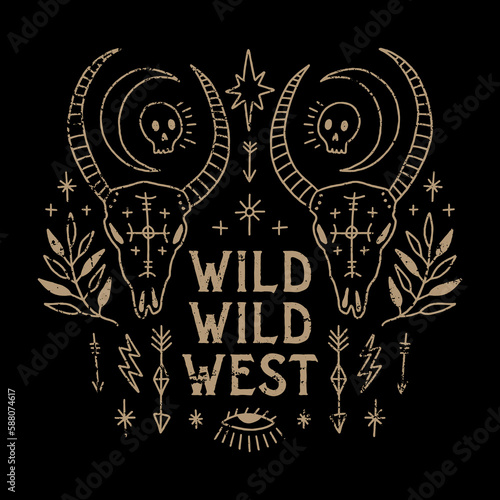 Magic vintage ram dark color boho skull, stars and plants text label isolated on black background vector