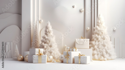 Frozen spruce twigs  wrapped gift boxes and Christmas ornaments. Generative Ai