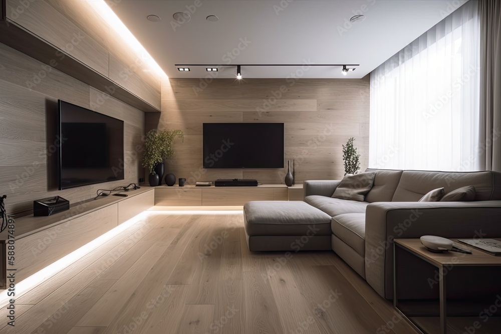 modern living room with comfortable seating and a large television. Generative AI modern living room with comfortable seating and a large television. Generative AI