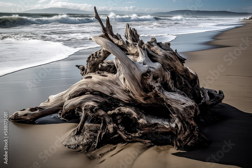 A Soft driftwood gently lays on a picturesque beach with immense waves rolling in - generative ai. © Exuberation 