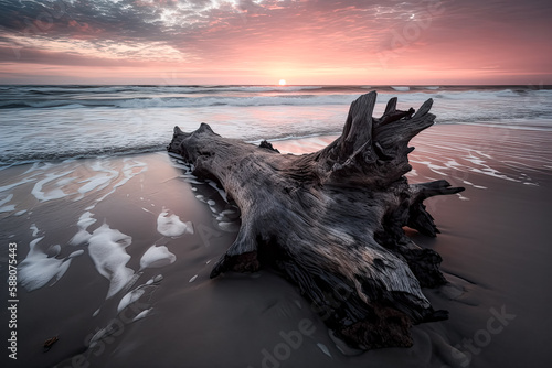 A Waves crashing around a driftwood artfully sculpted by the sea, washing it in its salty embrace - generative ai.