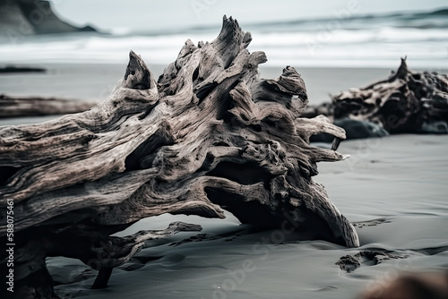 A mysterious driftwood sculpture sits alone on a beach, with huge waves crashing against the shore - generative ai.