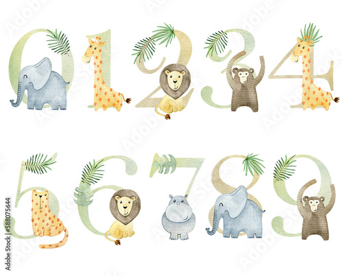 Photography Watercolor cute safari animals numbers for invitation card, nursery poster and other