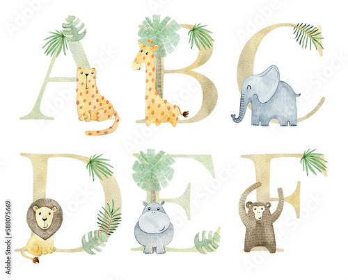 Canvas Print Watercolor cute safari animals letters for invitation card, nursery poster and other
