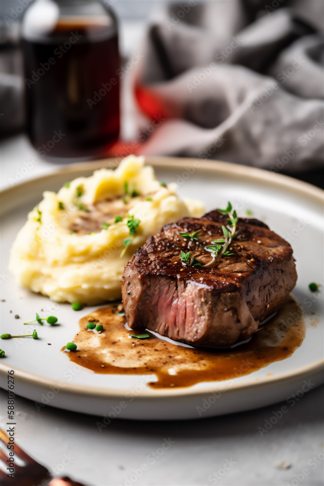 Delicious plate of filet mignon steak with mashed potato, ai generated, Generative AI Delicious plate of filet mignon steak with mashed potato, ai generated, Generative AI